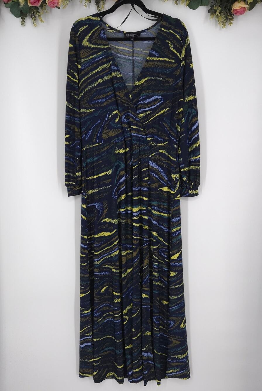 Eloquii Faux Wrap Long Sleeve Abstract Wave Print Dress Size 14